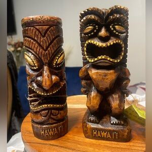 Hawaiian Tiki Statues hand wooden carved chiefly totem pole collector decor